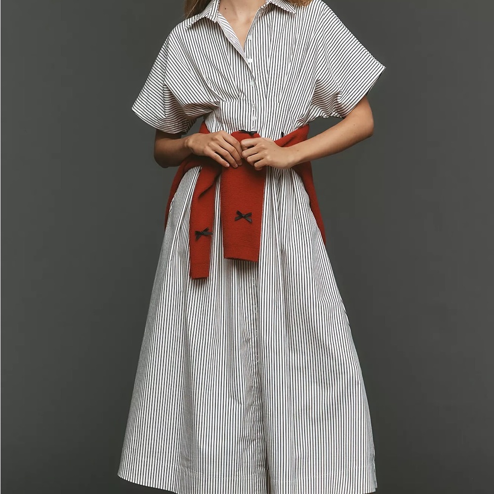 Anthropologie Striped White and Black Dress with Red Accent